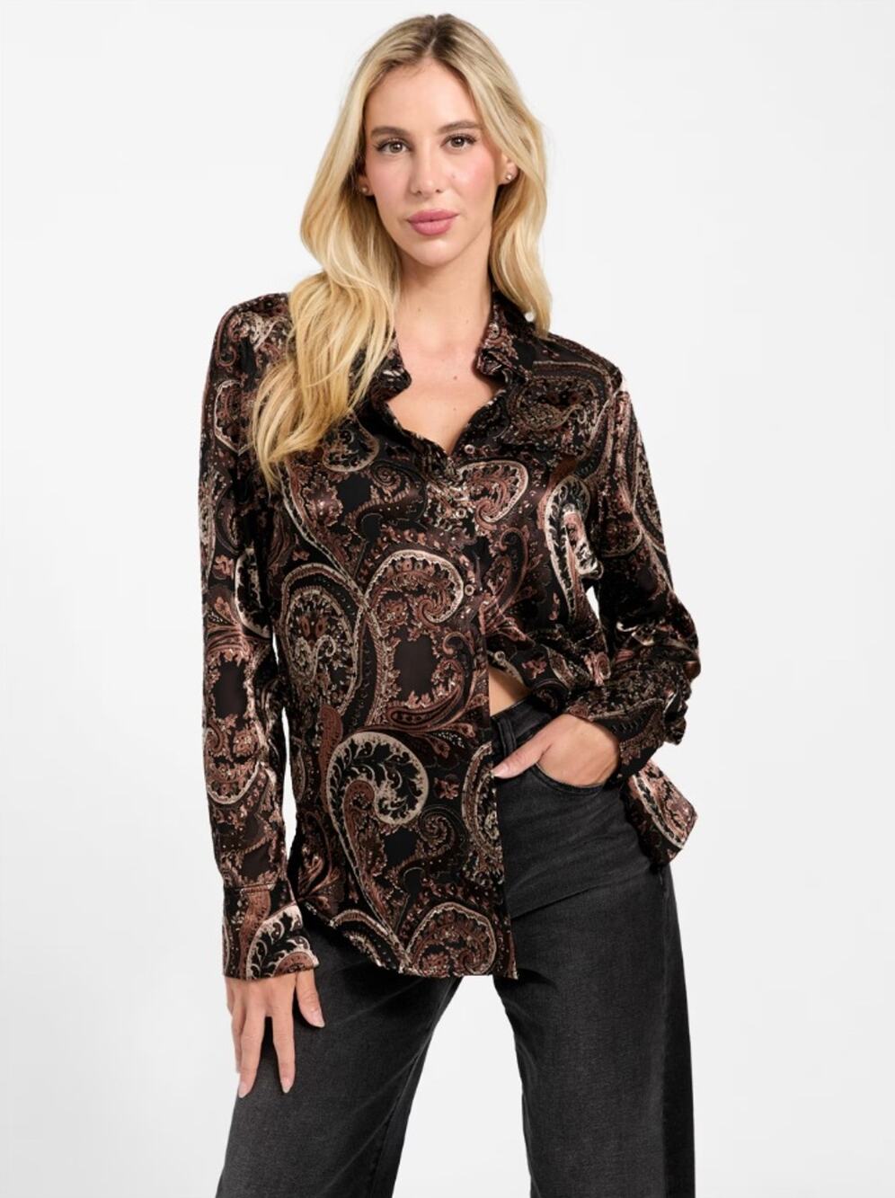 GUESS Women Brown Burnout Paisley Printed Clarisse Oversized Casual Shirt Size M